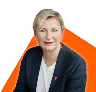 Portrait of Emmanuelle Legault on an orange background