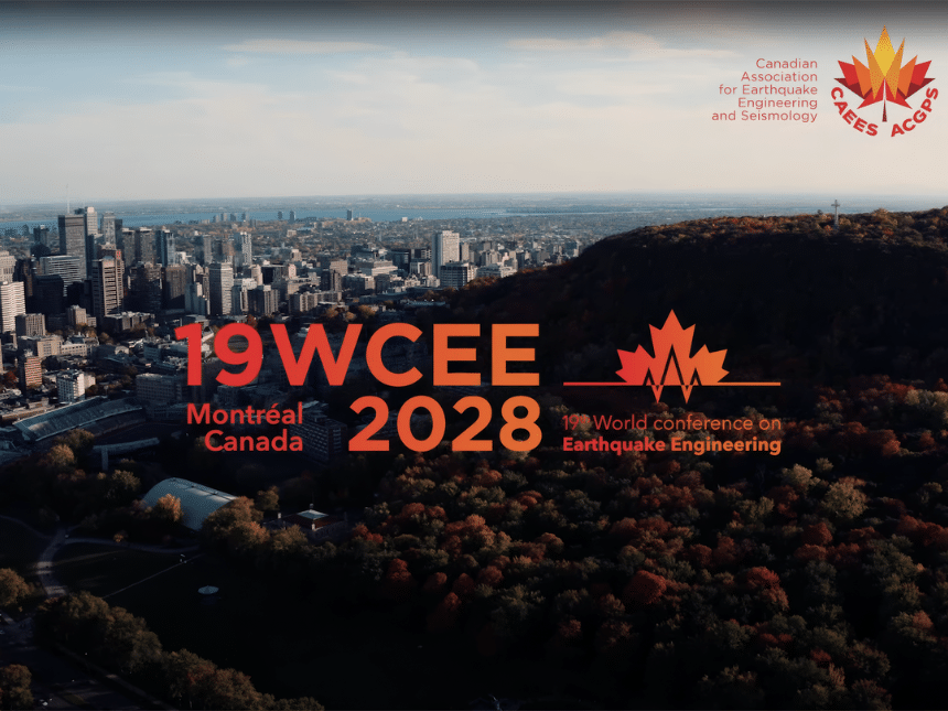 Logo de la 19e édition WCEE 2028 avec une vue de Montréal en fond.