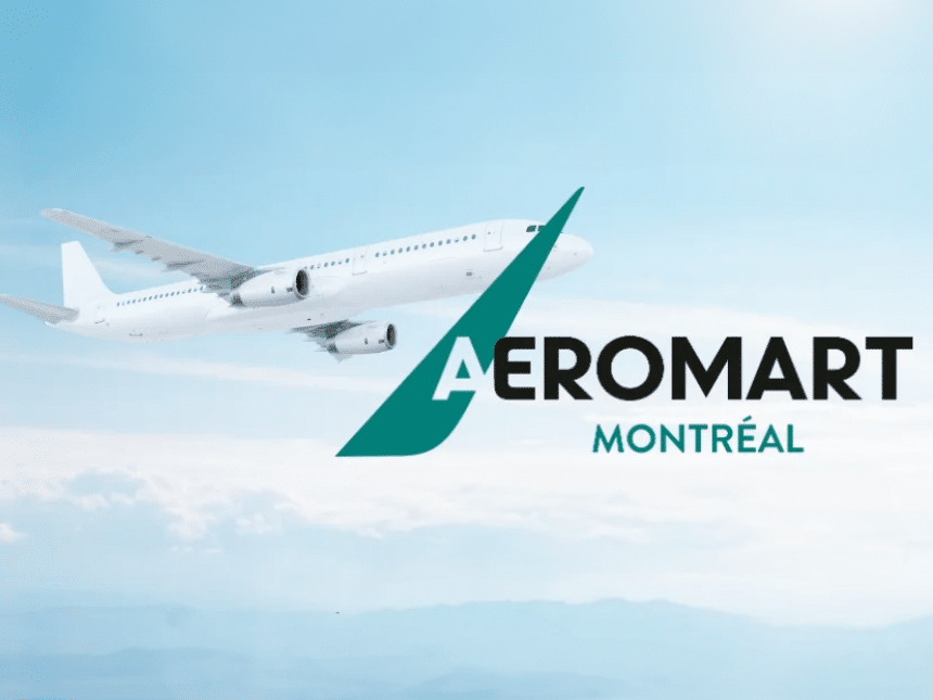 Un avion volant dans le ciel bleu et le logo Aeromart Montréal à droite sur l'image.